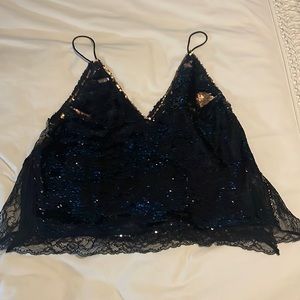 Free People black sequined tank with lace